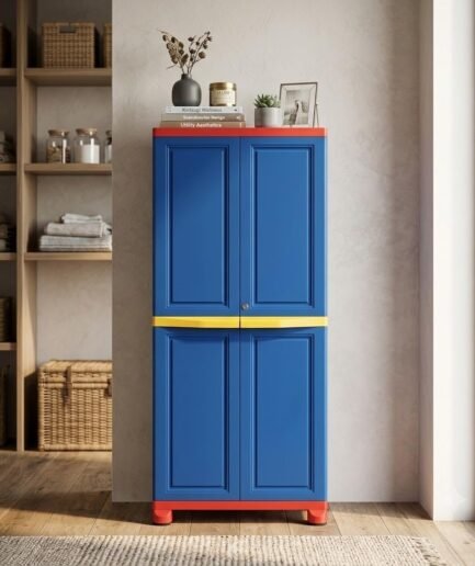 Nilkamal Freedom Big 1 (FB1) Compact Plastic Cabinet for Storage | 3-Year Warranty | 4-Shelf Storage Cupboard | Multi Organizer for Home, Wardrobe, and Kitchen | Clothes Almirah | Blue/Red & Yellow