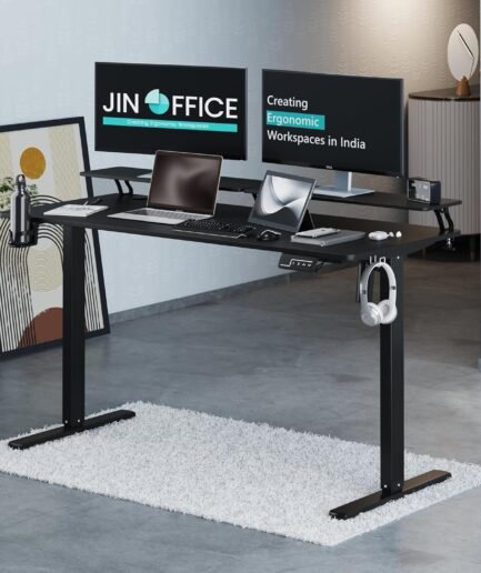 JIN OFFICE Ascend Electric Height Adjustable Desk with Monitor Riser| Standing Desk with Cup Holder | 3 Year Warranty,80 KG Wt. Cap, Memory Presets| Sit Stand Ergonomic Desk 1400 * 600mm Black Top